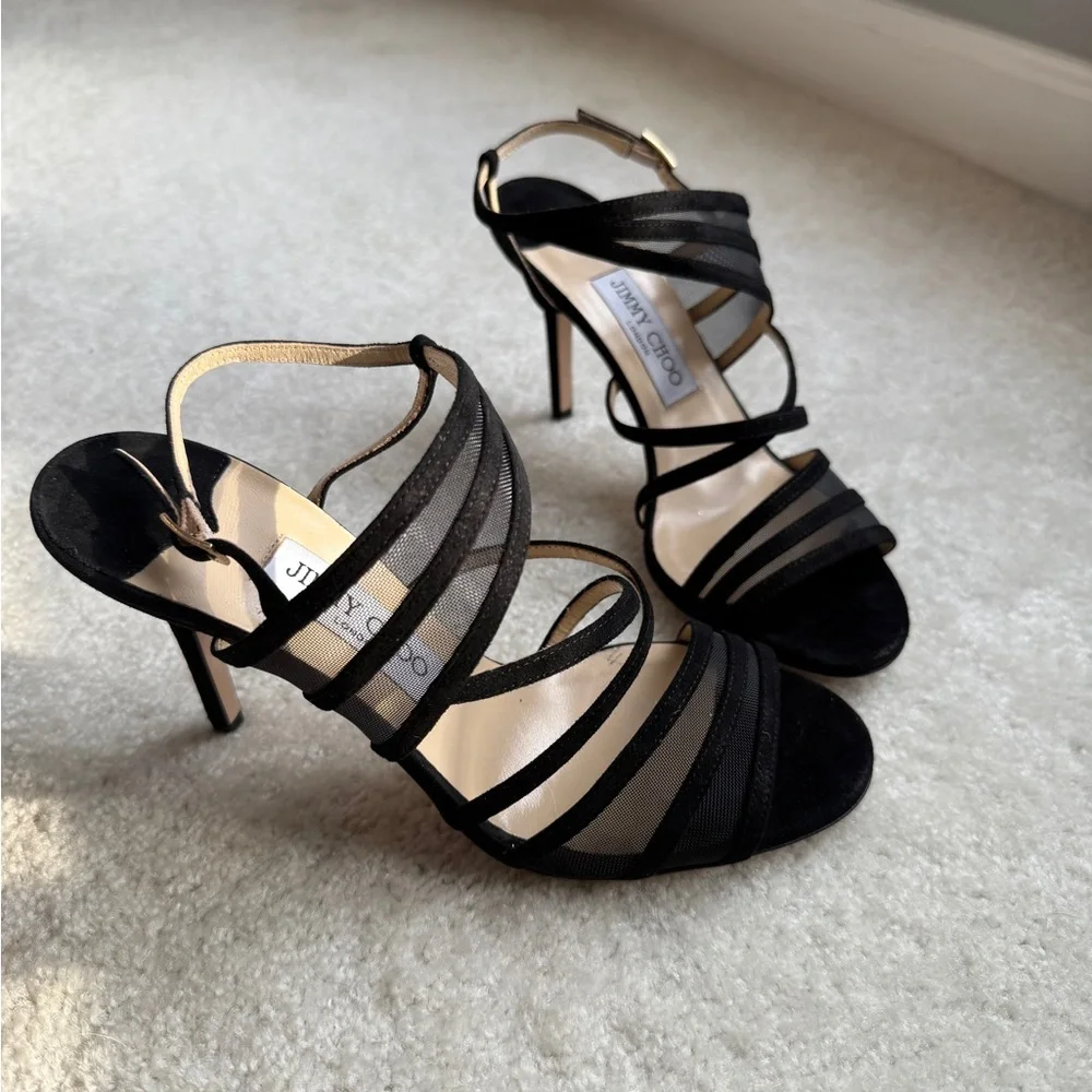 SOLD Jimmy Choo Vora Suede And Mesh Black Strappy Sandals Size 38 New In Box - Picture 4 of 8
